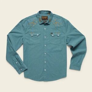 NWT Howler Brothers Pearl Snap Teal Button Down Shirt with Gold Accents - L